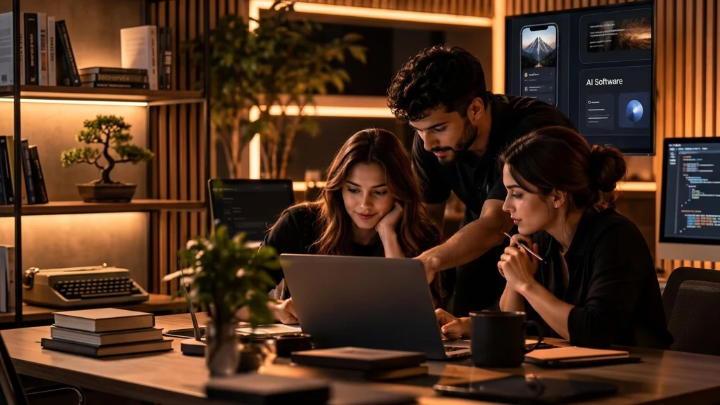 People collaborating around a laptop in a warm-lit studio