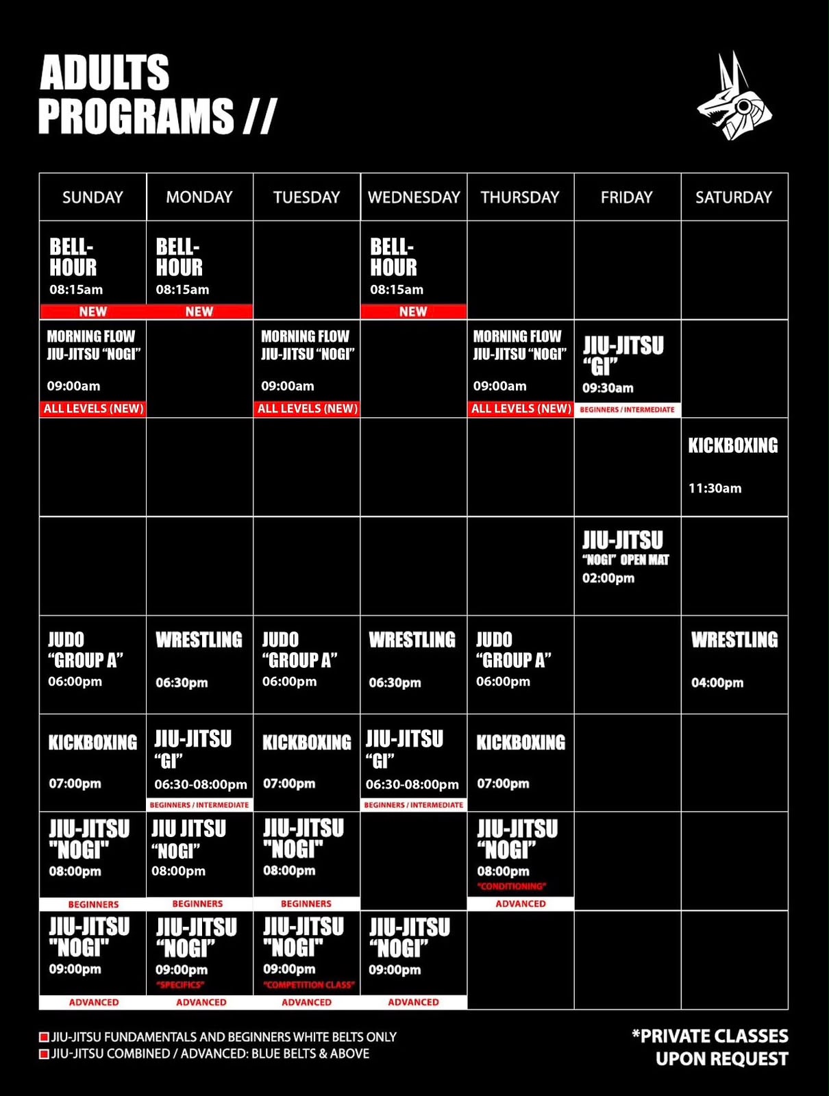 Anubis weekly adults programs schedule