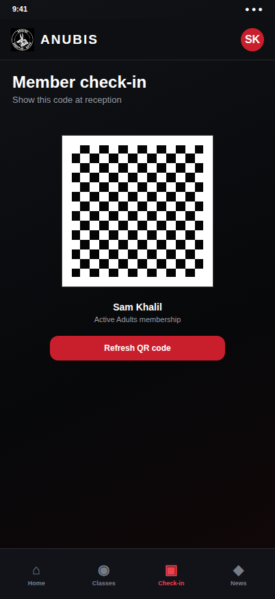 Anubis member QR code for academy check-in