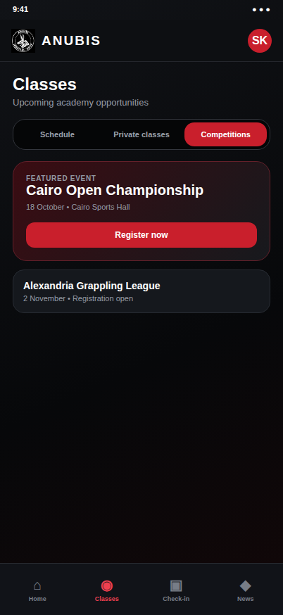 Anubis martial arts competitions and registration screen