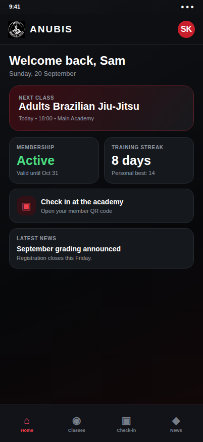 Anubis member app home screen