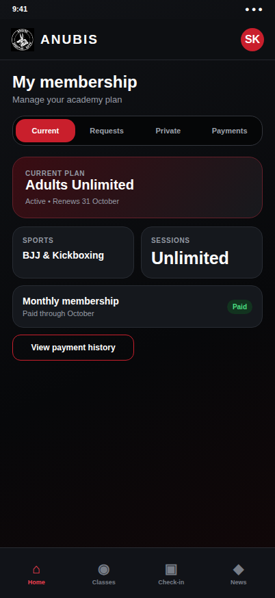Anubis current membership plan, sessions, and payments
