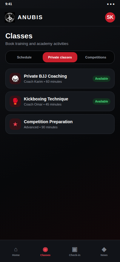Anubis private classes and coach selection screen